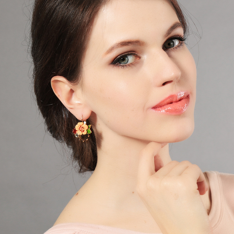 Flower And Crystal Enamel Hook Earrings