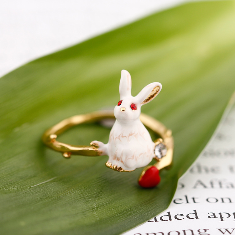 Hand Painted Enamel Glaze White Rabbit Vintage Red Heart Ring Adjustable Size