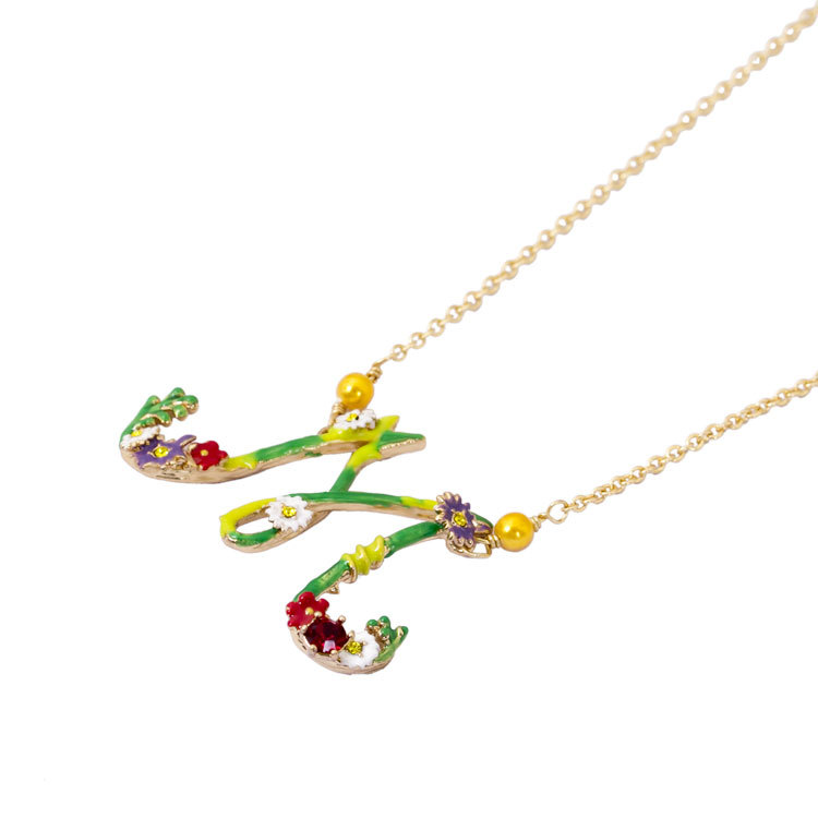 Hand Painted Enamel Glaze Zircon Green Branch Flower Pendant Necklace