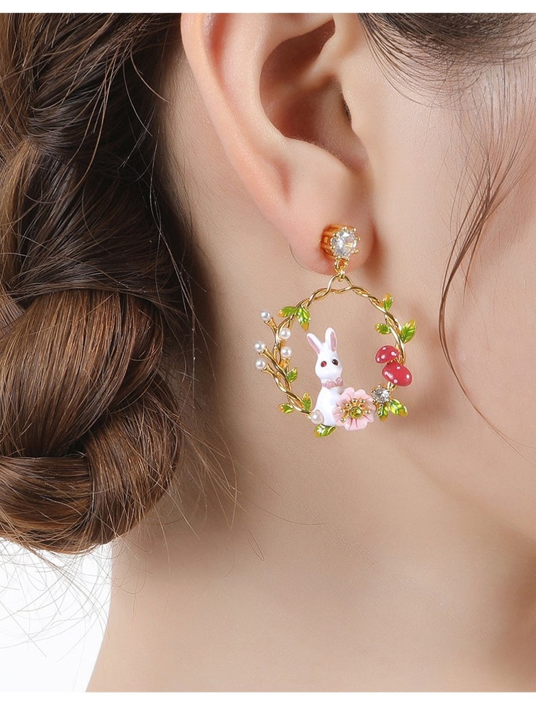 Hand Painted Enamel Glazed Cute Rabbit Flower Mushroom Inlaid Gem Pearl Earrings