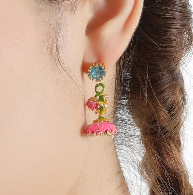 Hand Painted Enamel Glazed Cherry Sea Anemone Flower Imitation Gem Earrings