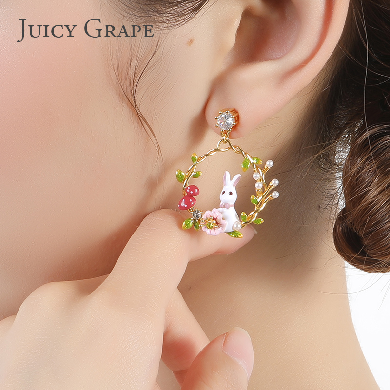 Hand Painted Enamel Glazed Cute Rabbit Flower Mushroom Inlaid Gem Pearl Earrings