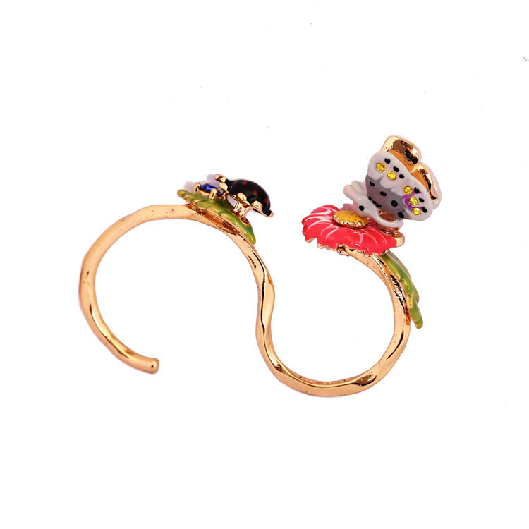 Hand Painted Enamel Three-dimensional Butterfly Dicyclo- Gold Daisy Ring