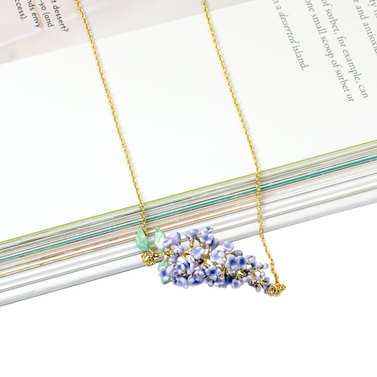 Handmade Enamel Glaze Necklace Gilded Fresh Lavender Flower Necklace