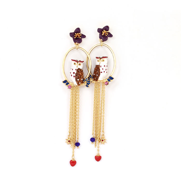 Purple Owl Long Tassel  Enamel Earrings Jewelry Stud Earrings