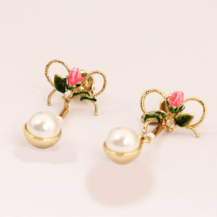 Rose Bow Pearl Enamel Earrings Jewelry Stud Earrings