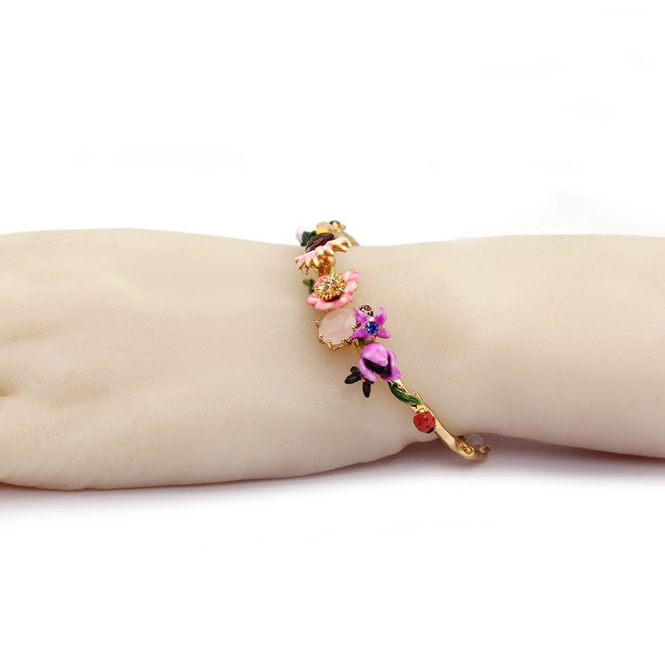 Pink Flower Lotus And Stone Enamel Bracelet