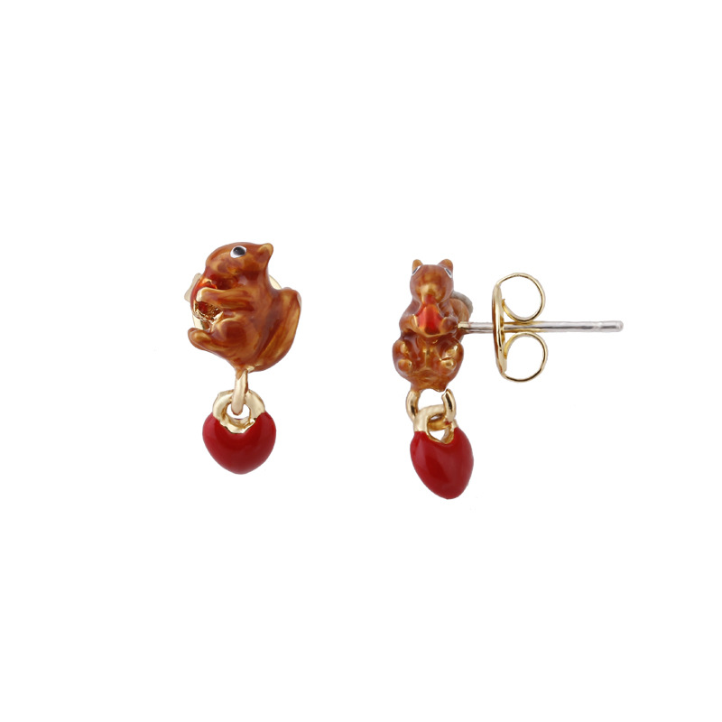 Squirrel Red Heart Enamel Earrings Jewelry Stud Earrings