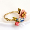 Three-dimensional Pink Flower Blue Tit Birdie Adjustable Wedding Ring Gilded Jewelry