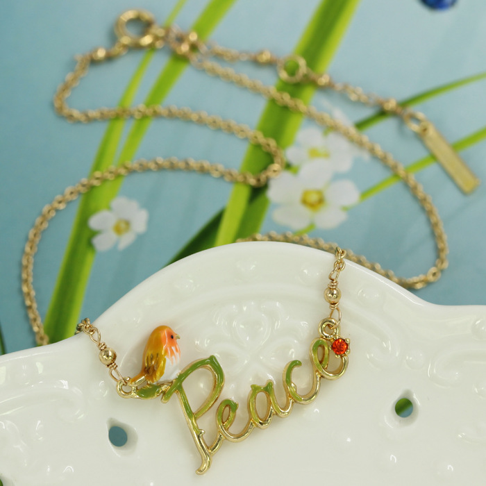 Bird On Peach And Crystal Enamel Necklace