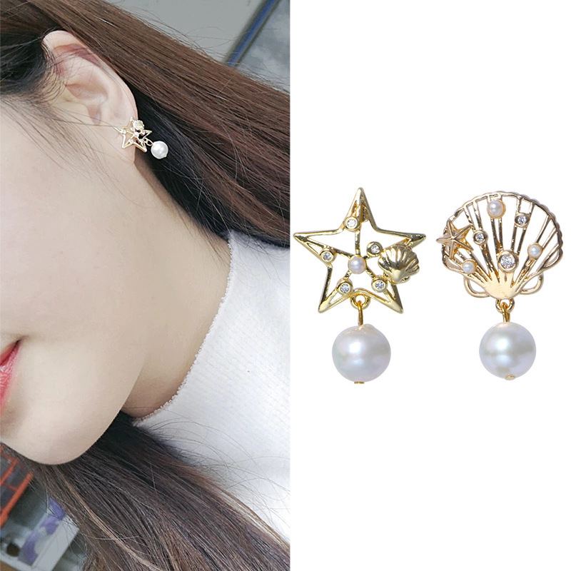 Star And Shell With Freshwater Pearl Asymmetrical Stud Earrings