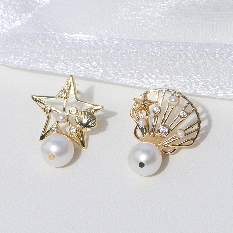 Star And Shell With Freshwater Pearl Asymmetrical Stud Earrings