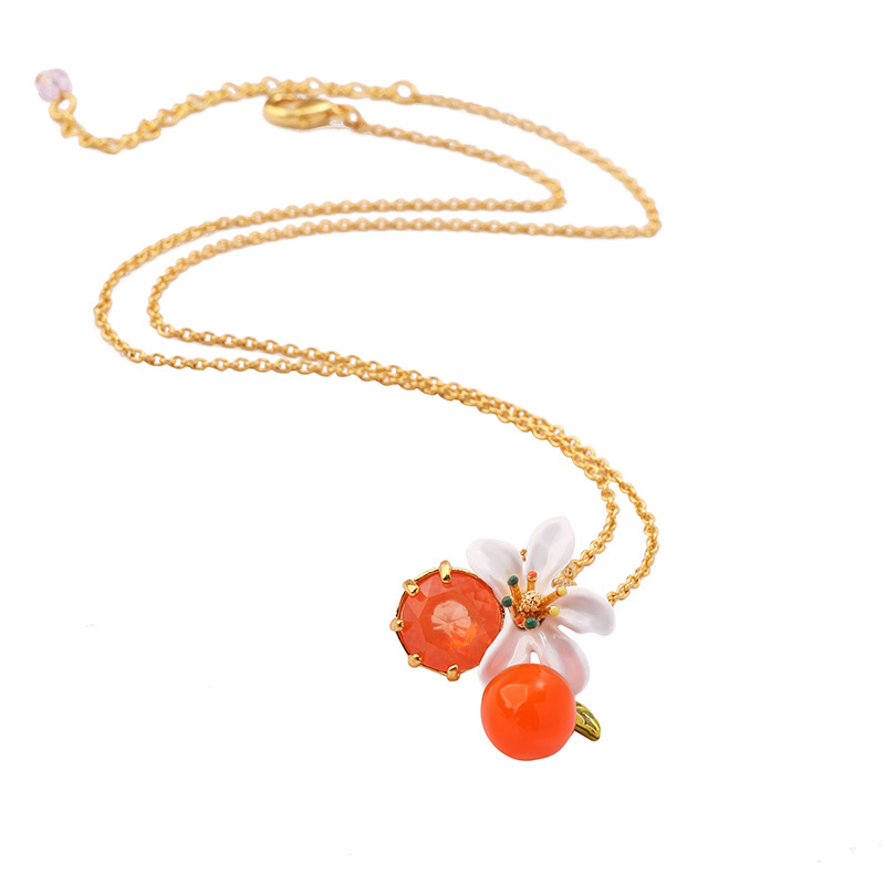 Enamel Glaze Orange Flower Pendant Necklace