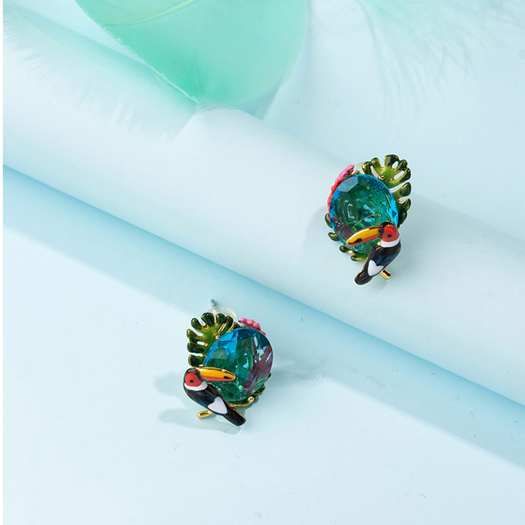 Toucan Bird And Crystal Enamel Earrings