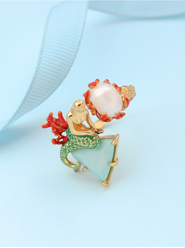 Enamel Glaze Ring Ocean Goddess Mermaid Pearl Gilded Ring