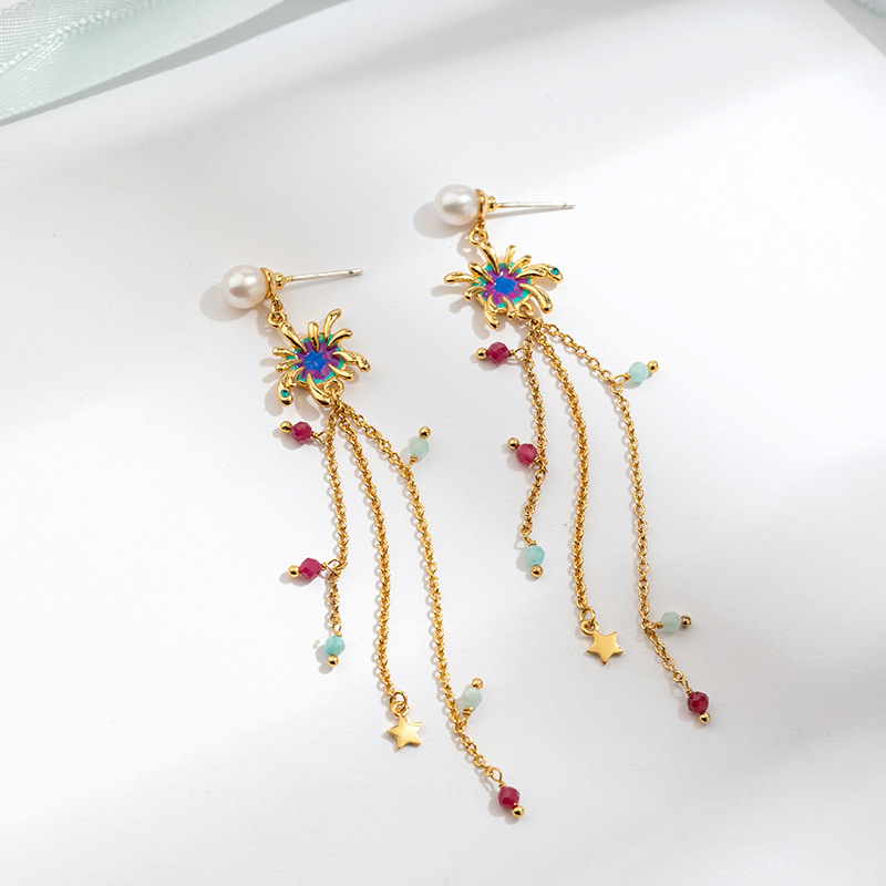 Fireworks Pearl Star Beads Tassel Enamel earrings