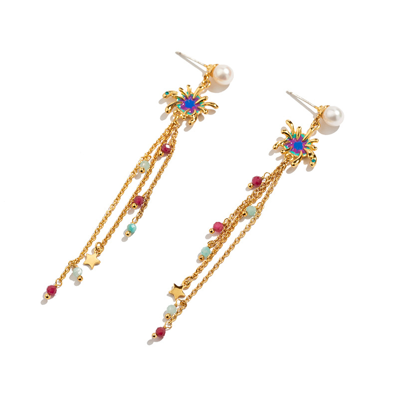 Fireworks Pearl Star Beads Tassel Enamel earrings