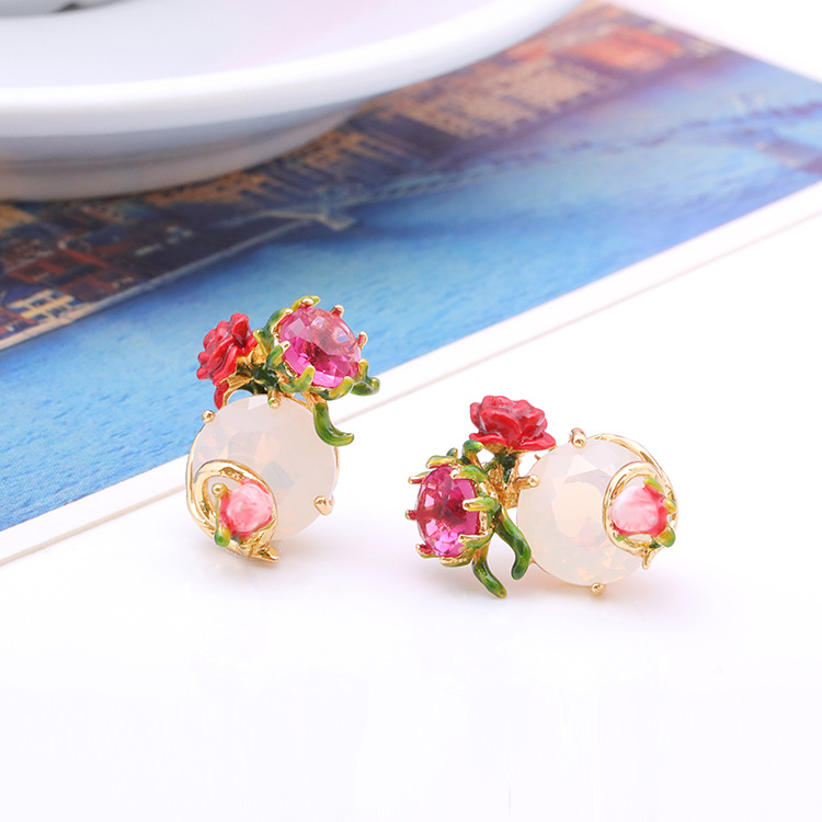 Red Flower And Crystal Stone Enamel Stud Earrings