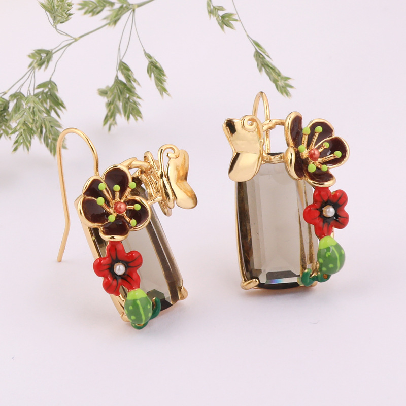 Flower Butterfly Ladybug And Stone Enamel Hook Earrings