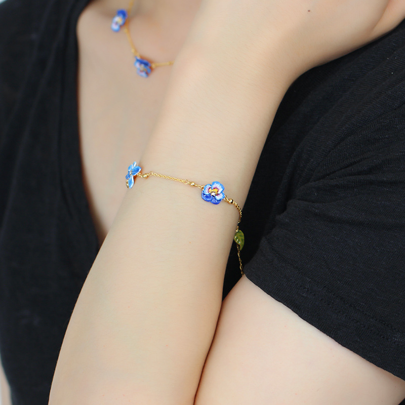 Pansy Flower Blue And Crystal Enamel Charm Bracelet