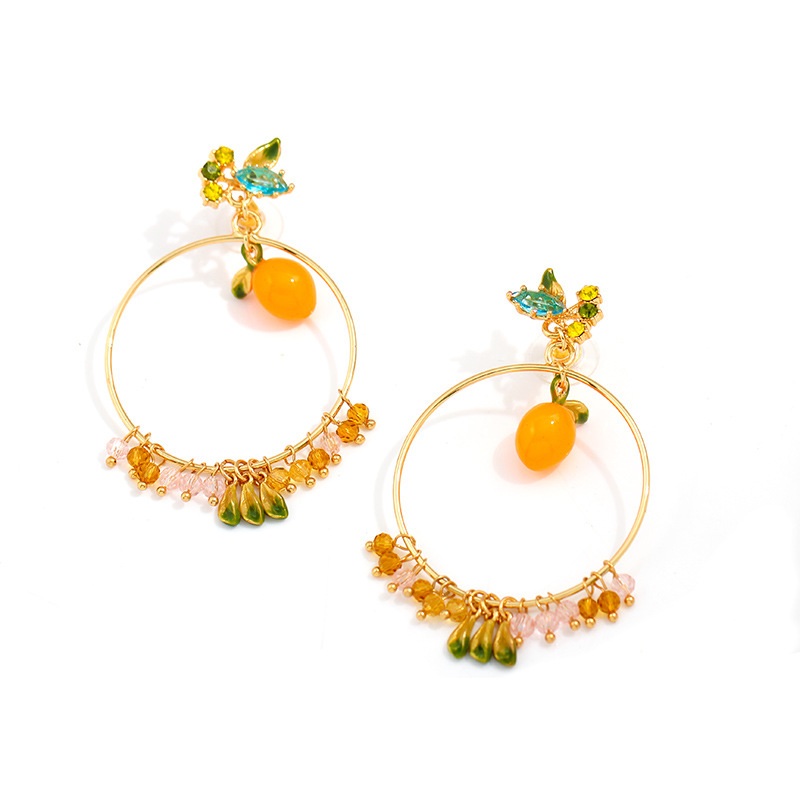 Orange Tangerine And Crystal Enamel Dangle Earrings