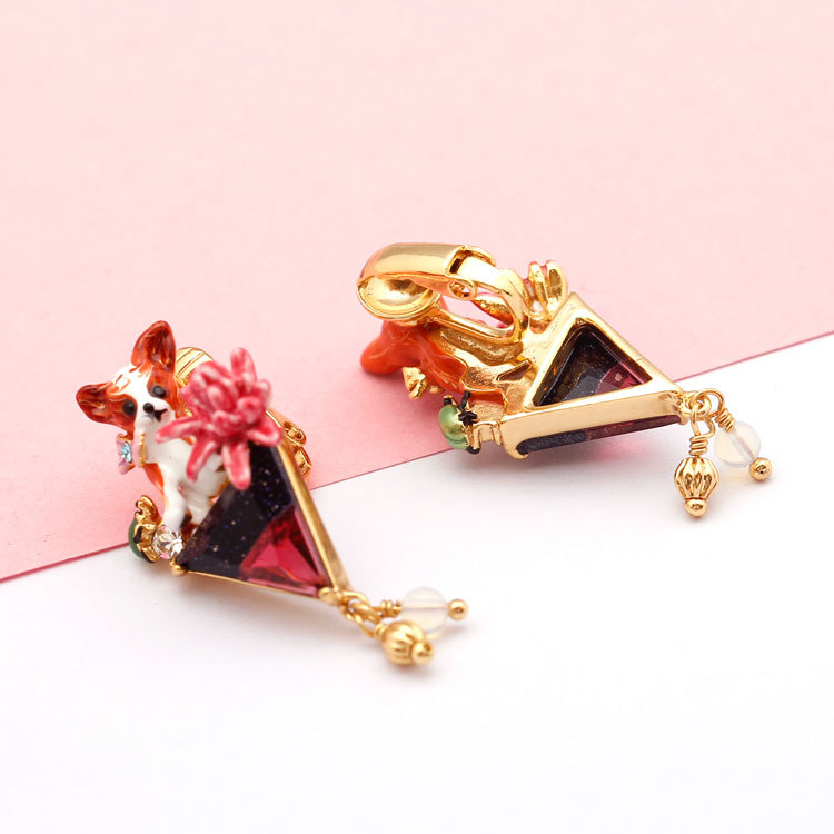 Dog Triangle Crystal 925 Sliver Enamel Earrings Jewelry Stud Clip Earrings