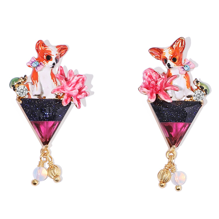 Dog Triangle Crystal 925 Sliver Enamel Earrings Jewelry Stud Clip Earrings