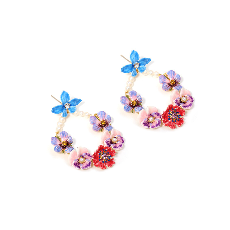 Pink Blue Red Pansy Flower And Pearl Enamel Dangle Earrings