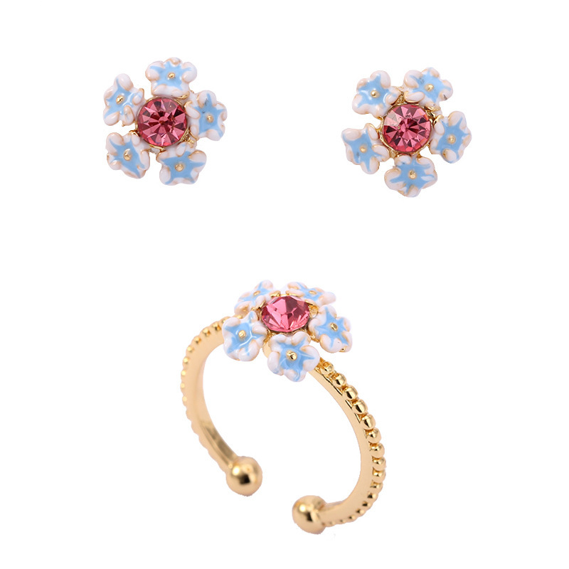 White Blue Flower And Pink Crystal Enamel Adjustable Ring