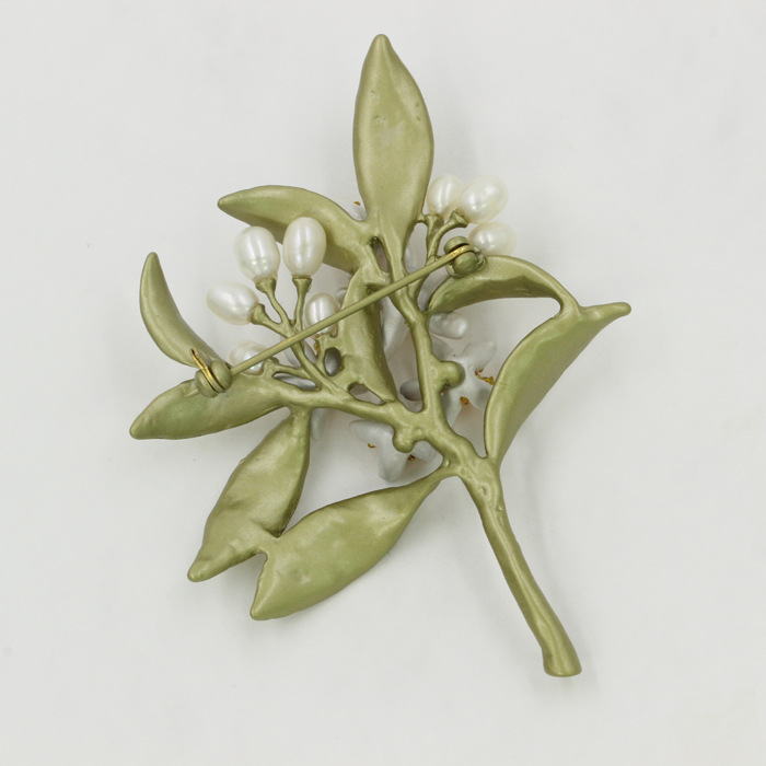 Orange Flower Leaf Branch Pearl Enamel Brooch