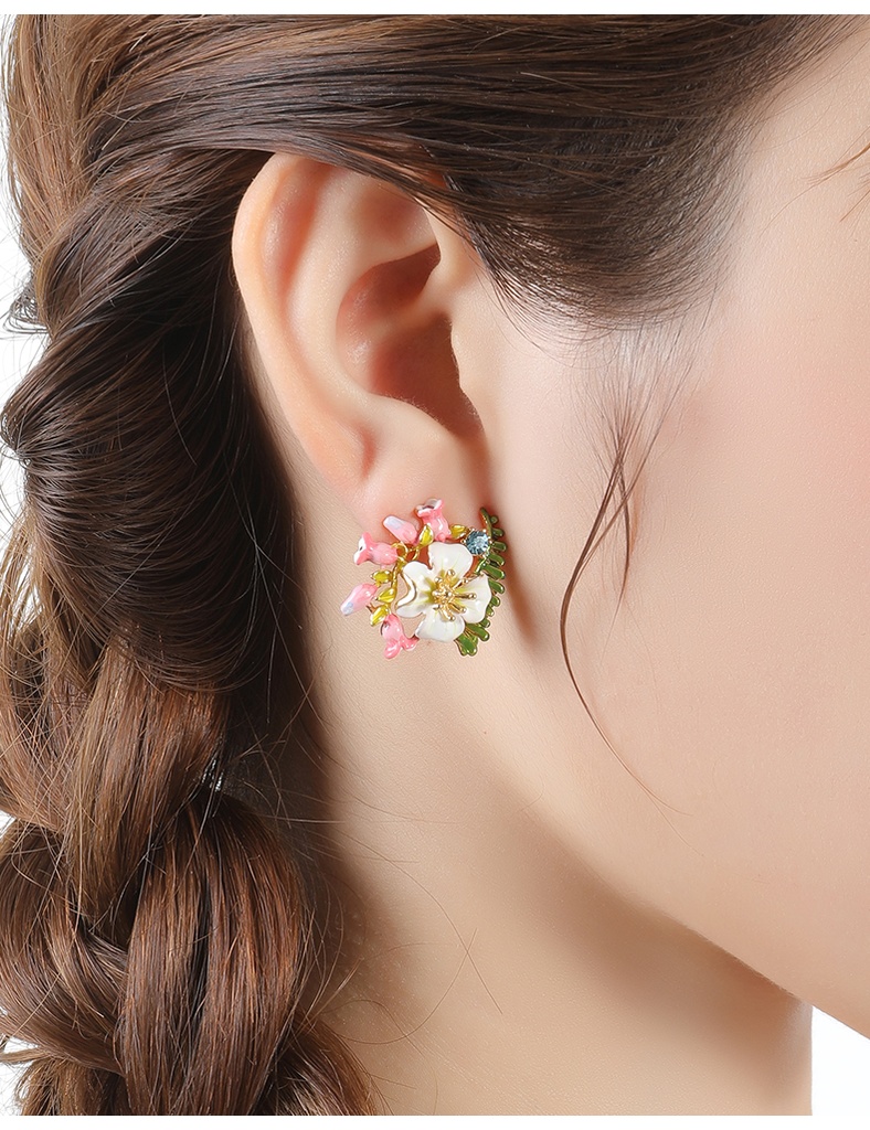 White Flower Pink Bud And Crystal Enamel Stud Earrings