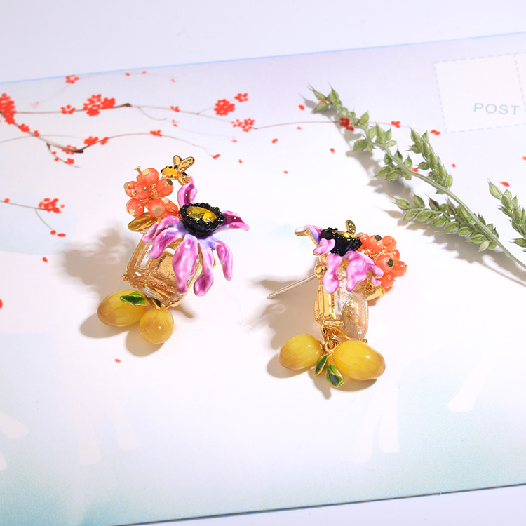 Enamel Flower Gem Enamel Earrings Jewelry Stud Earrings