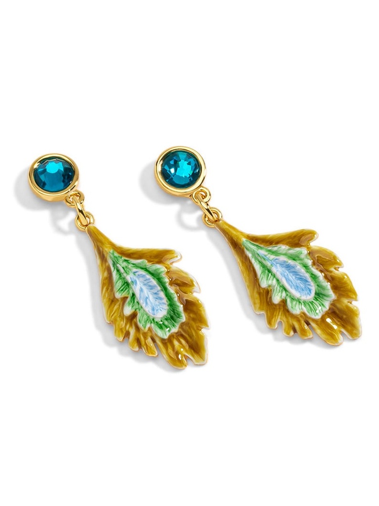 Green Yellow Peacock Feather Shape And Crystal Enamel Dangle Earrings Jewelry Gift