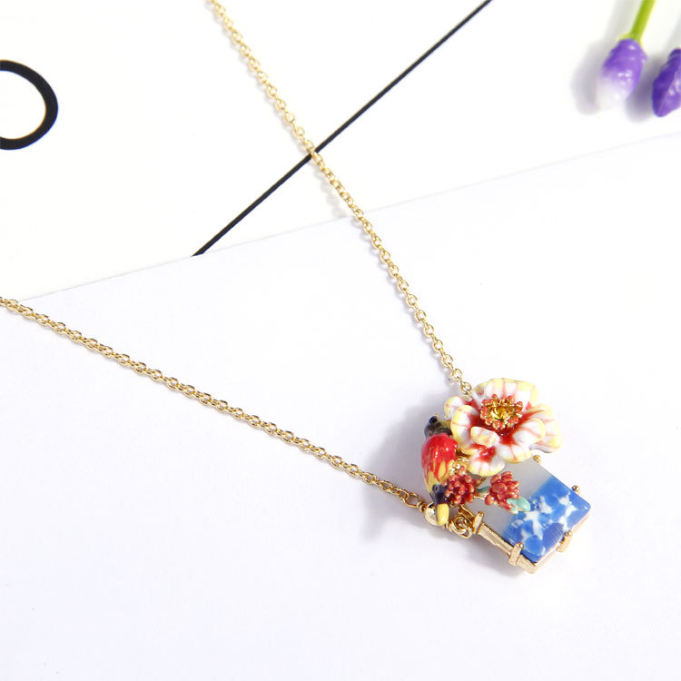 Enamel Glaze Bird Flower Pendant Necklace