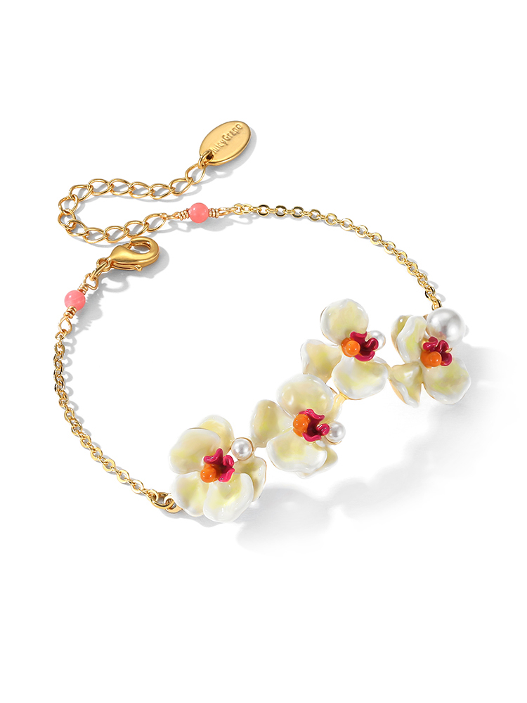 Yellow Red Orange Pansy Flower Pearl Enamel Charm Thin Bracelet