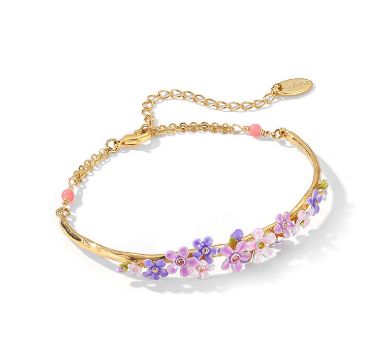 Purple Pink Flower And Crystal Enamel Bangle Bracelet Jewelry Gift