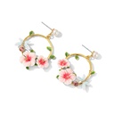 Pink Flower And Dragonfly Hoop Pearl Enamel Dangle Earrings