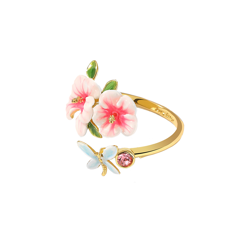 Pink Flower And Dragonfly Crystal Enamel Adjustable Ring Jewelry Gift