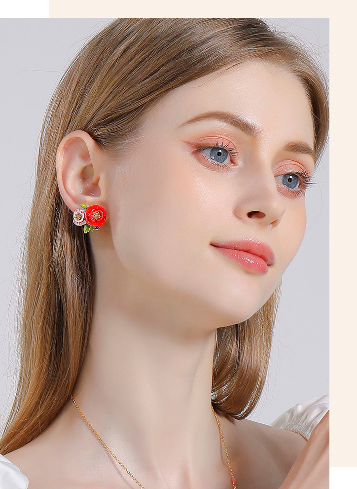 Pink Red Flower And Stone Enamel Stud Earrings