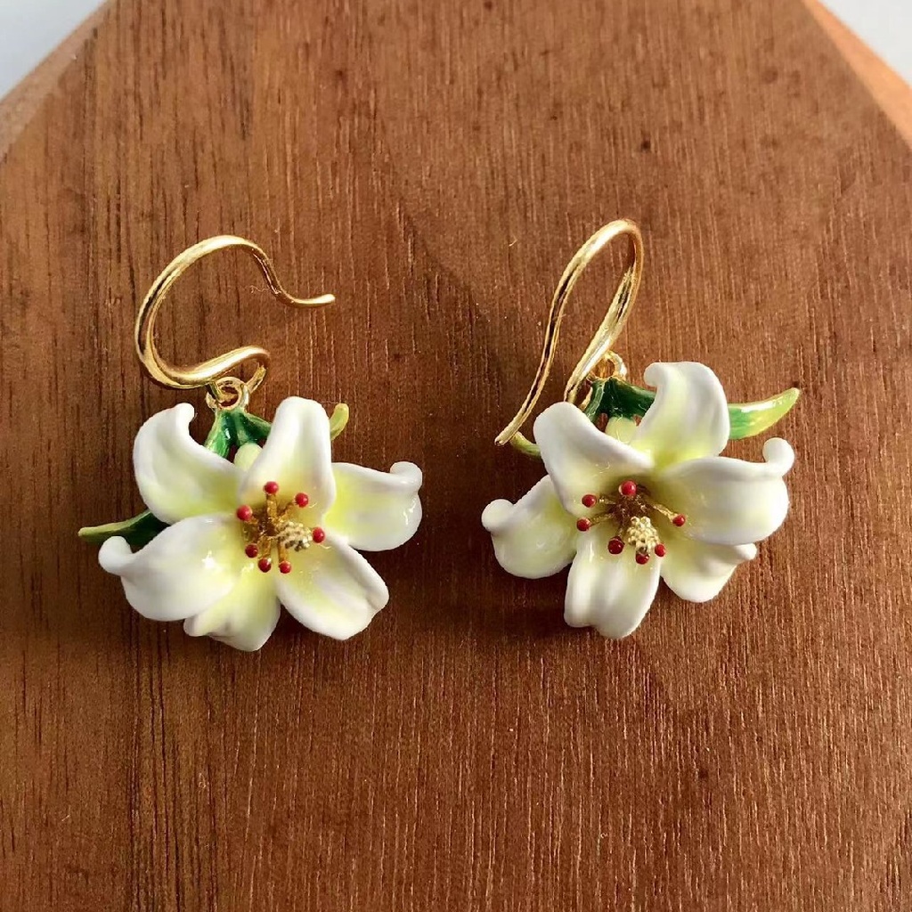 Lily White Flower And Pearl Enamel Stud Hook Earrings Jewelry Gift