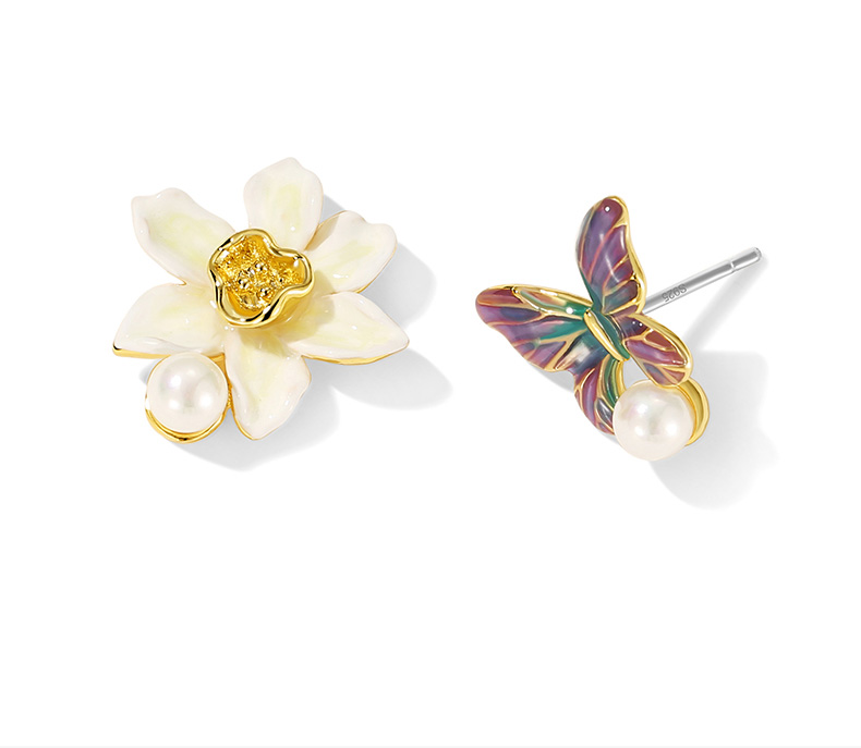 Flower And Butterfly Asymmetrical Enamel Stud Earrings Jewelry Gift