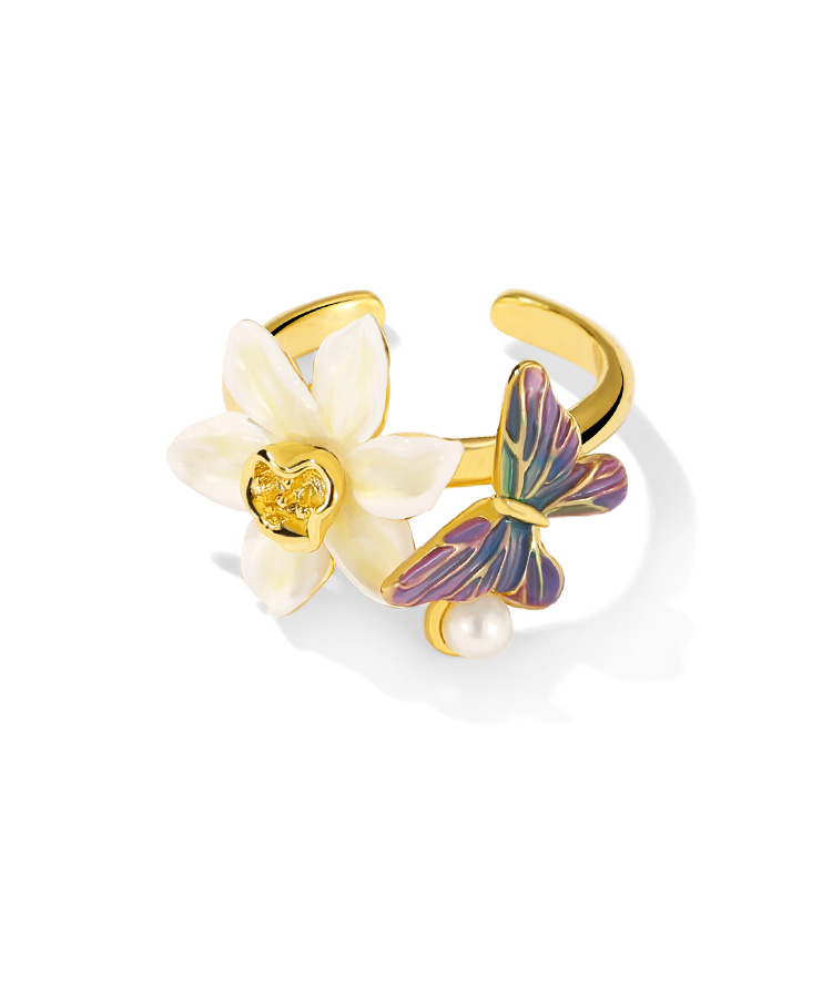 Flower And Butterfly Pearl Enamel Adjustable Ring Jewelry Gift