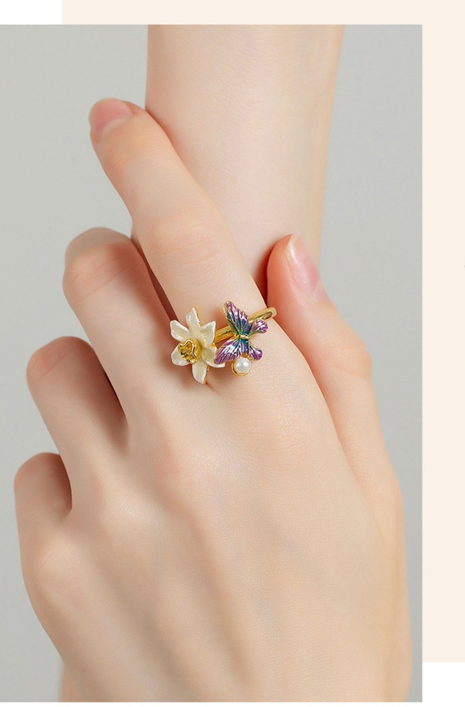 Flower And Butterfly Pearl Enamel Adjustable Ring Jewelry Gift