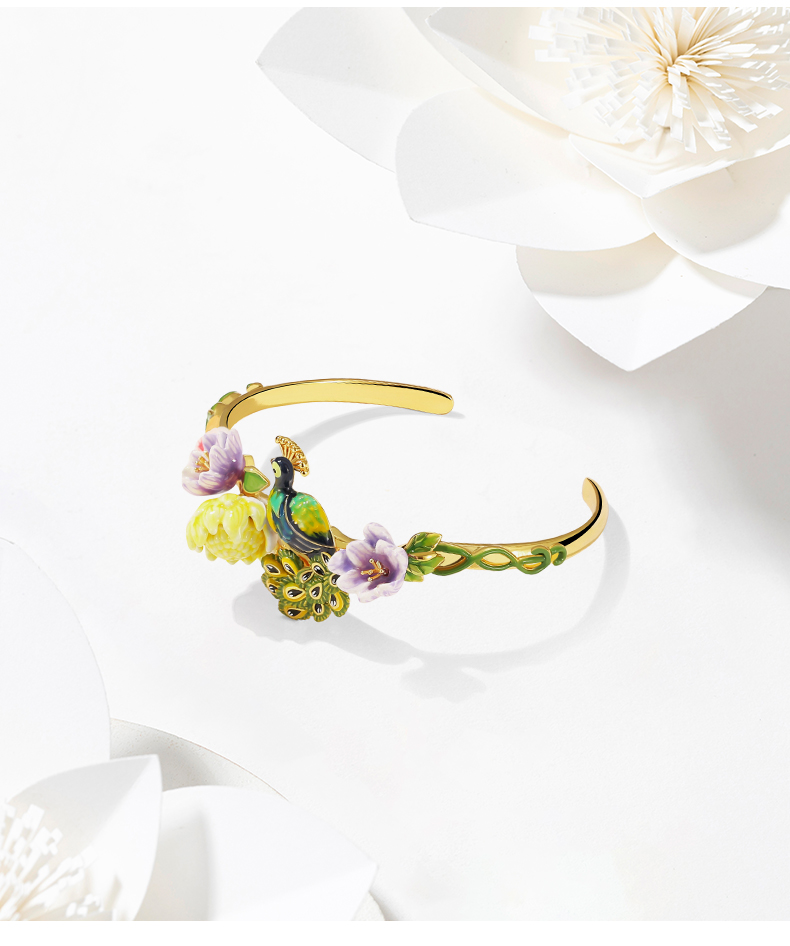 Peacock and Flower Enamel Cuff Bracelet Jewelry Gift