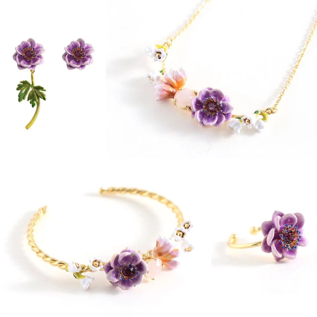 Purple Lotus Flower Branch And Stone Enamel Pendant Necklace