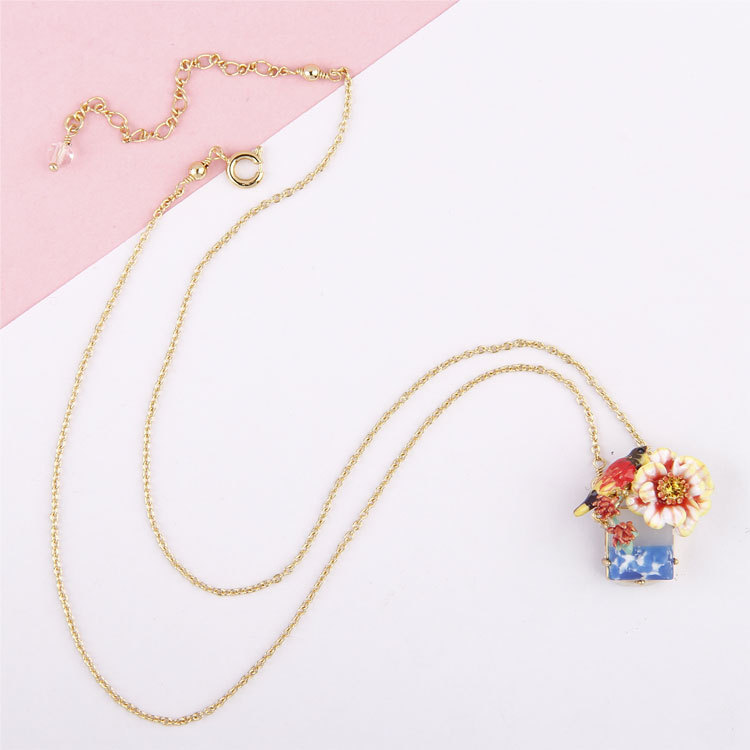 Colorful Bird Flower And Stone Enamel Pendant Necklace