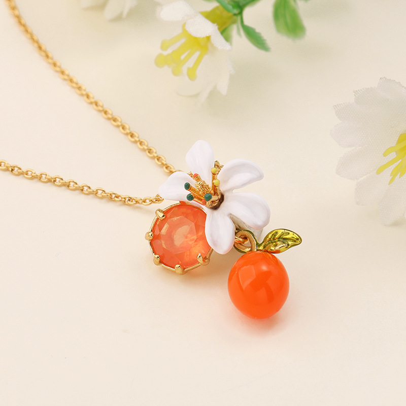 Orange Blossom Flower and Stone Enamel Pendant Necklace