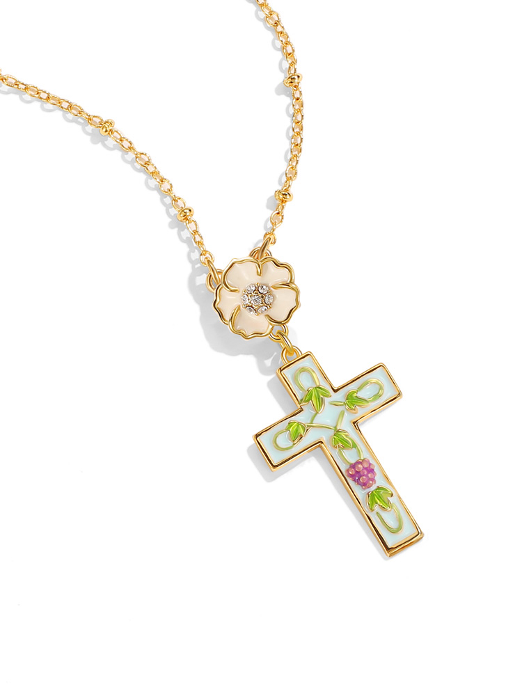 Flower And Cross Enamel Pendant Necklace Handmade Jewelry Gift2