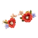 Enamel Glazed Pink Flower Green Leaf Peony Stud Earrings Zircon Gold Plated 925 Silver Needle