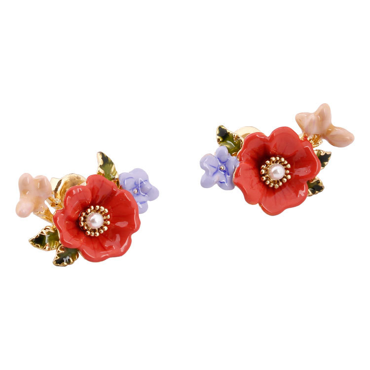 Enamel Glazed Pink Flower Green Leaf Peony Stud Earrings Zircon Gold Plated 925 Silver Needle